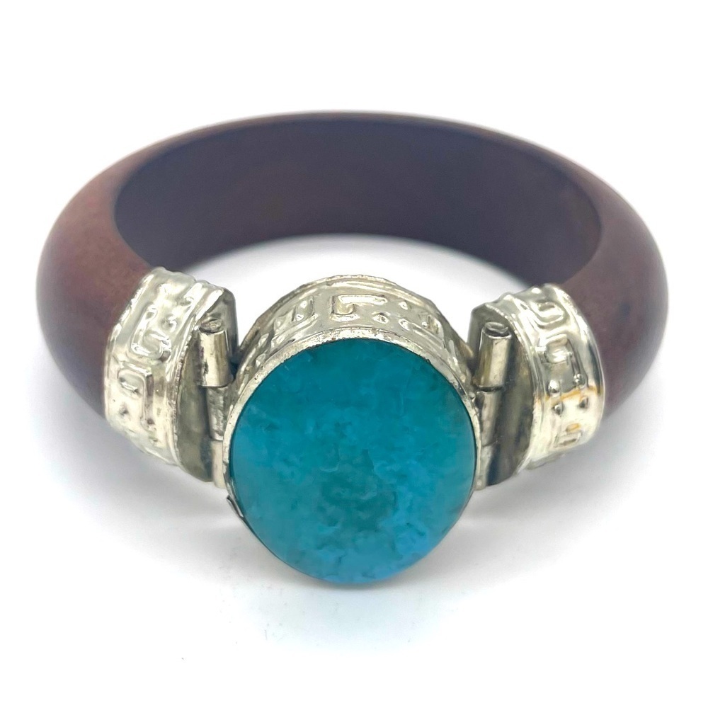 Vintage Tribal Bangle Wooded Bracelet w/ Silver Tone Accent & Turquoise Stone